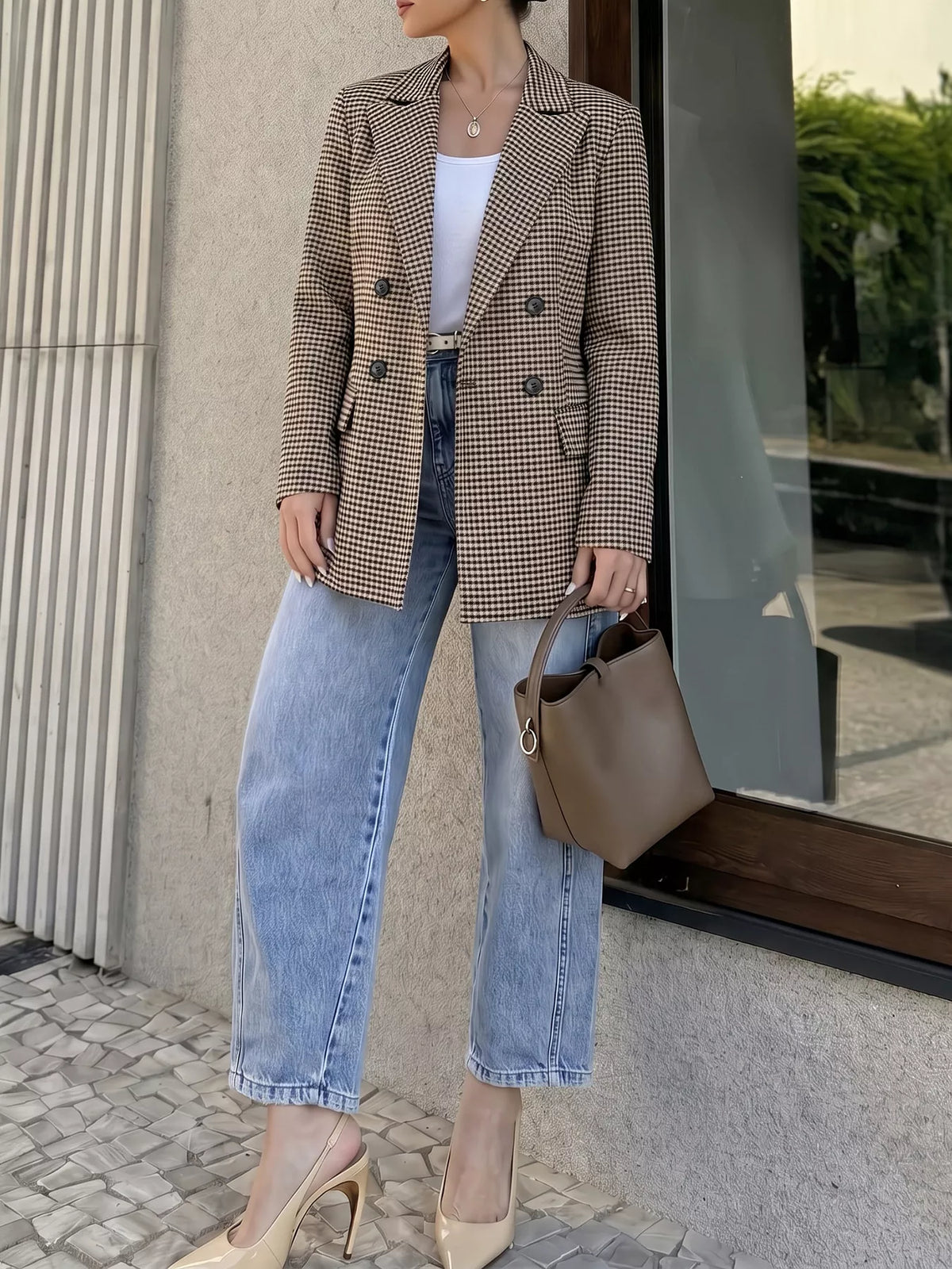 Plaid Lapel Collar Double-Breasted Blazer