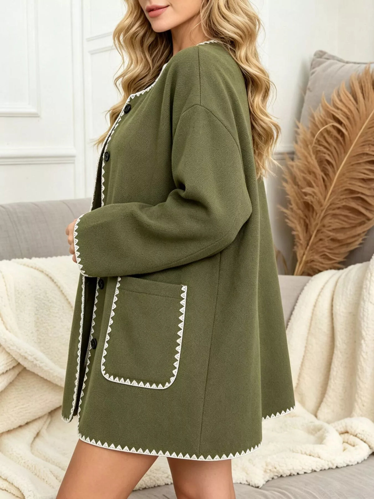 Contrast Trim Button-Front Outerwear