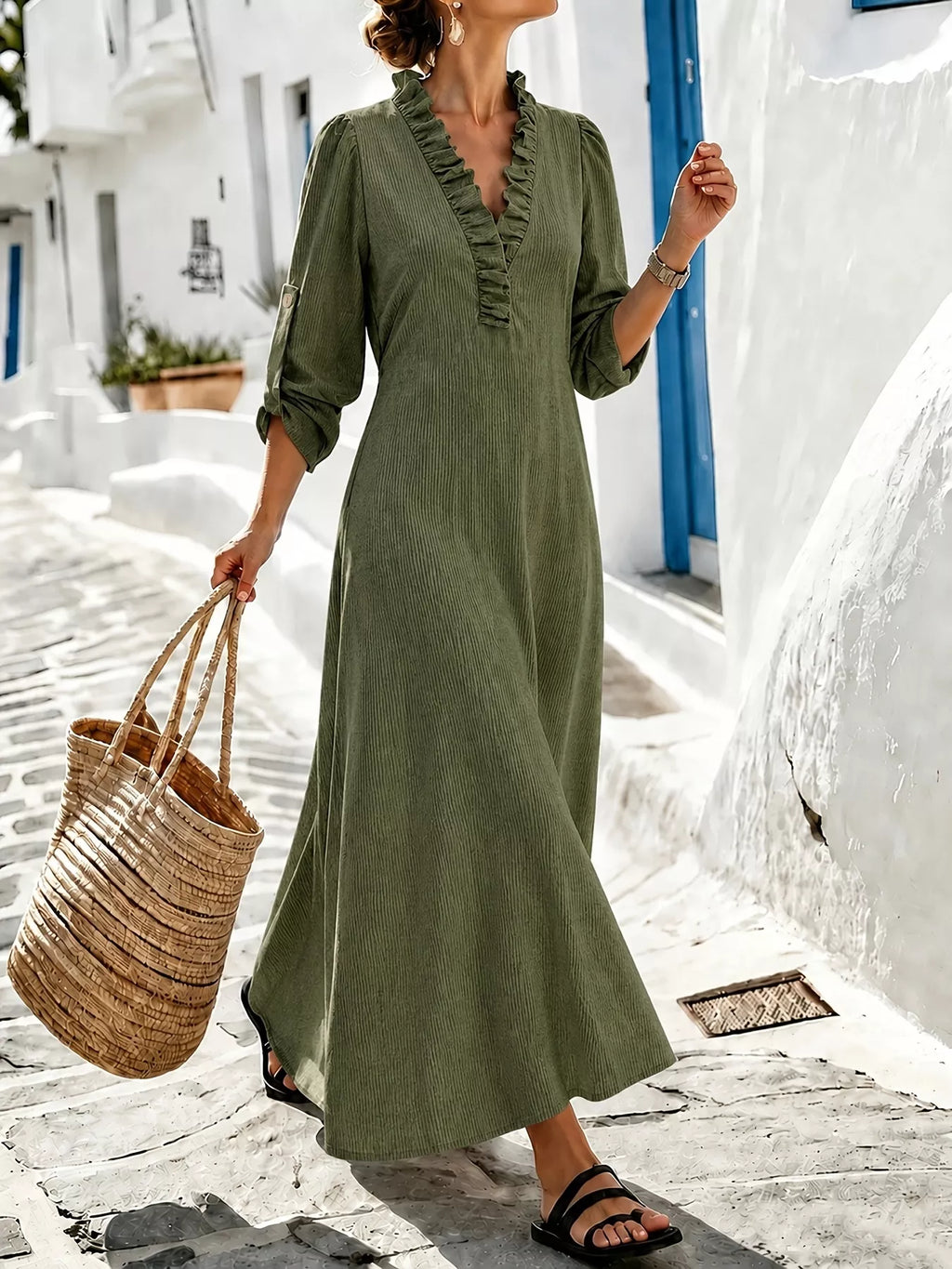 Full Size V-Neck Maxi Dress with Roll-Up Sleeves Plus Size
