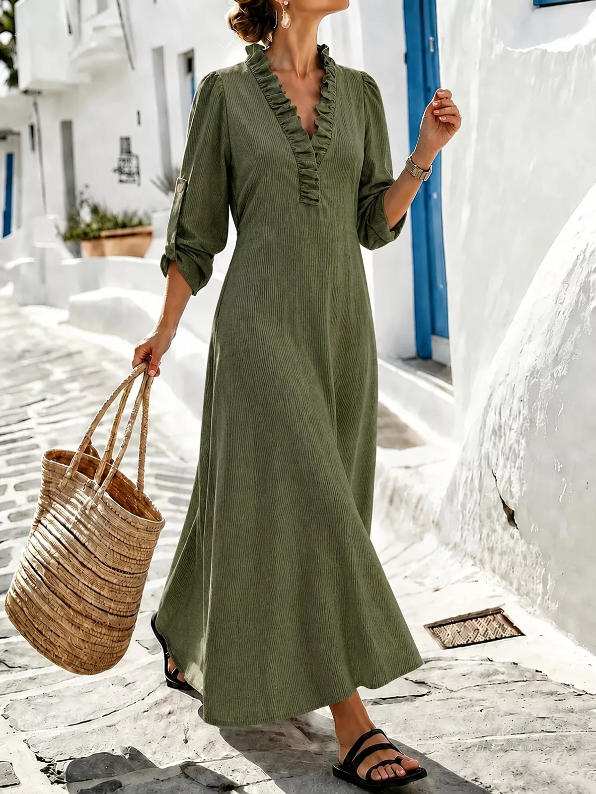 Full Size V-Neck Maxi Dress with Roll-Up Sleeves Plus Size