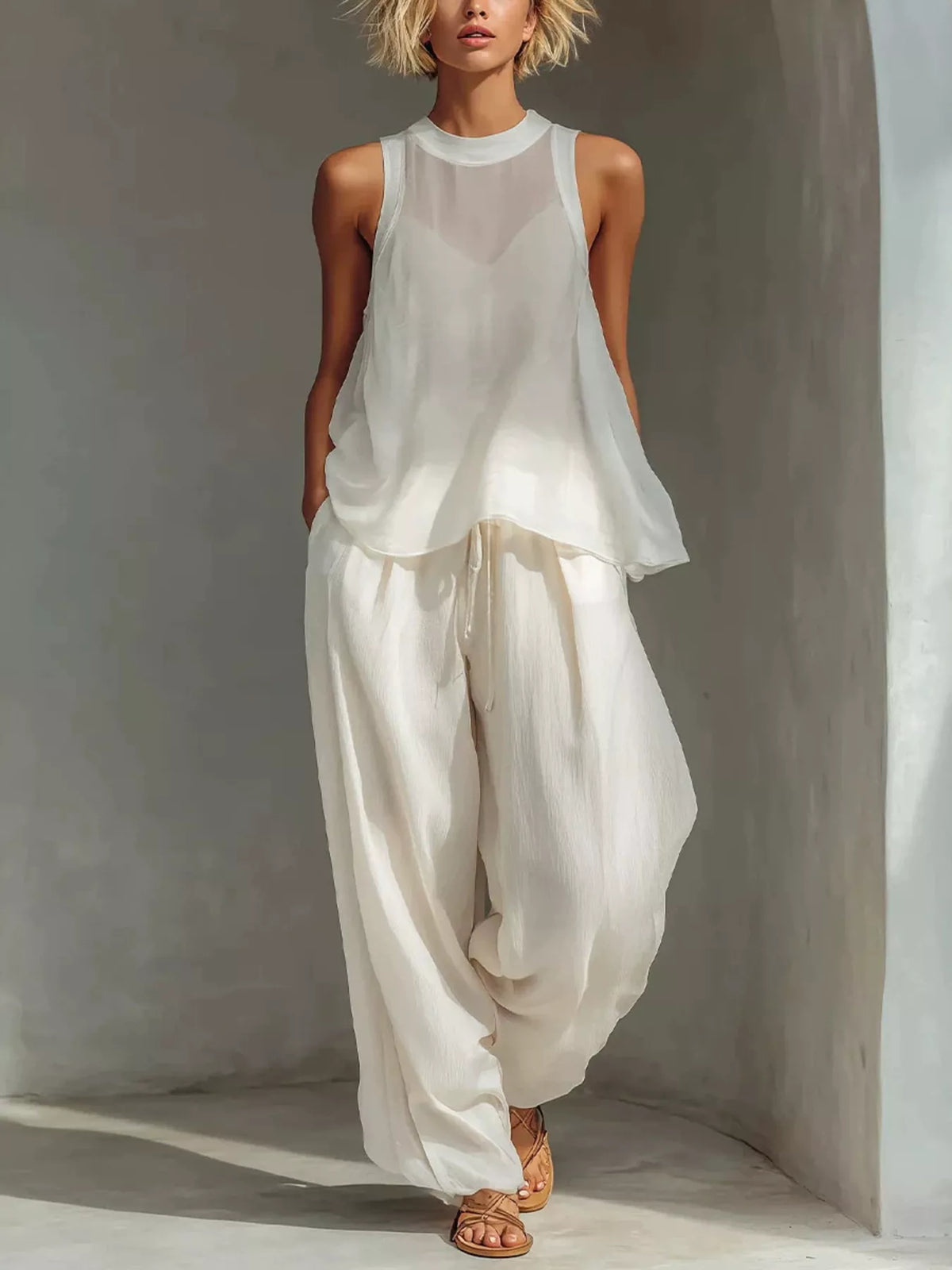Full Size Sheer Sleeveless Top and Wide-Leg Pants Set Plus Size