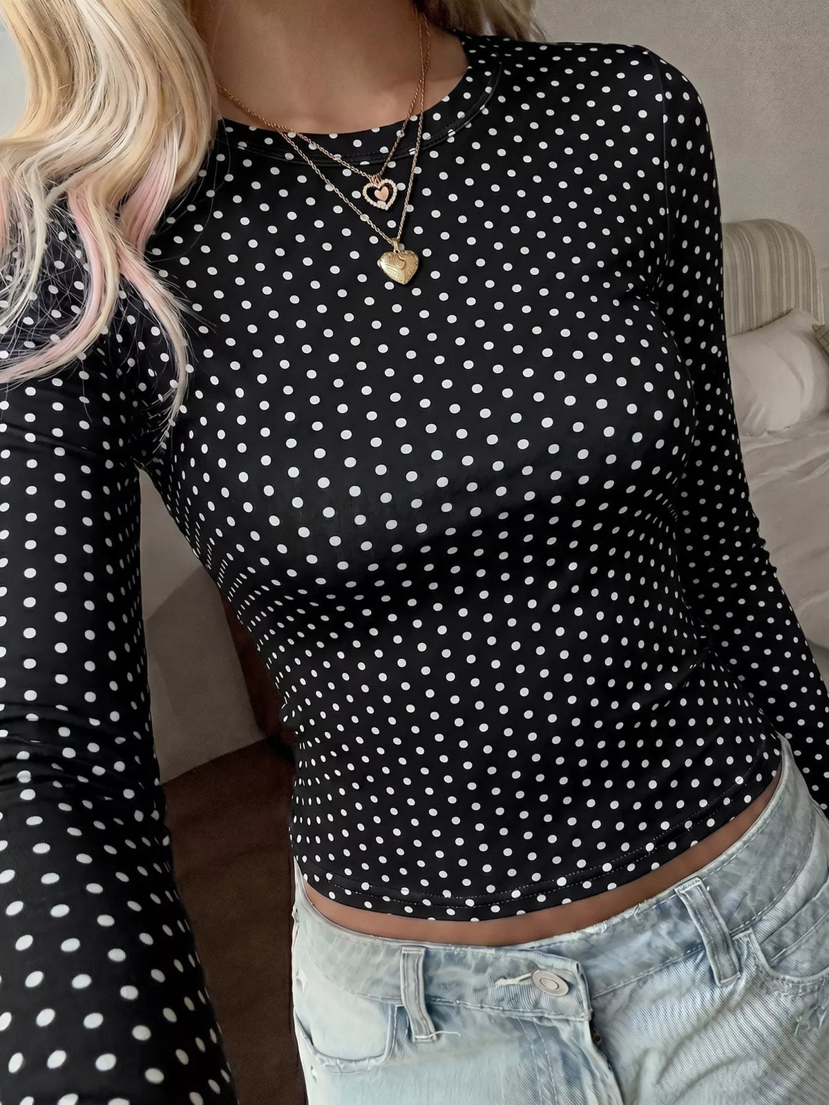 Long Sleeve Polka Dot Slim Fit T-Shirt