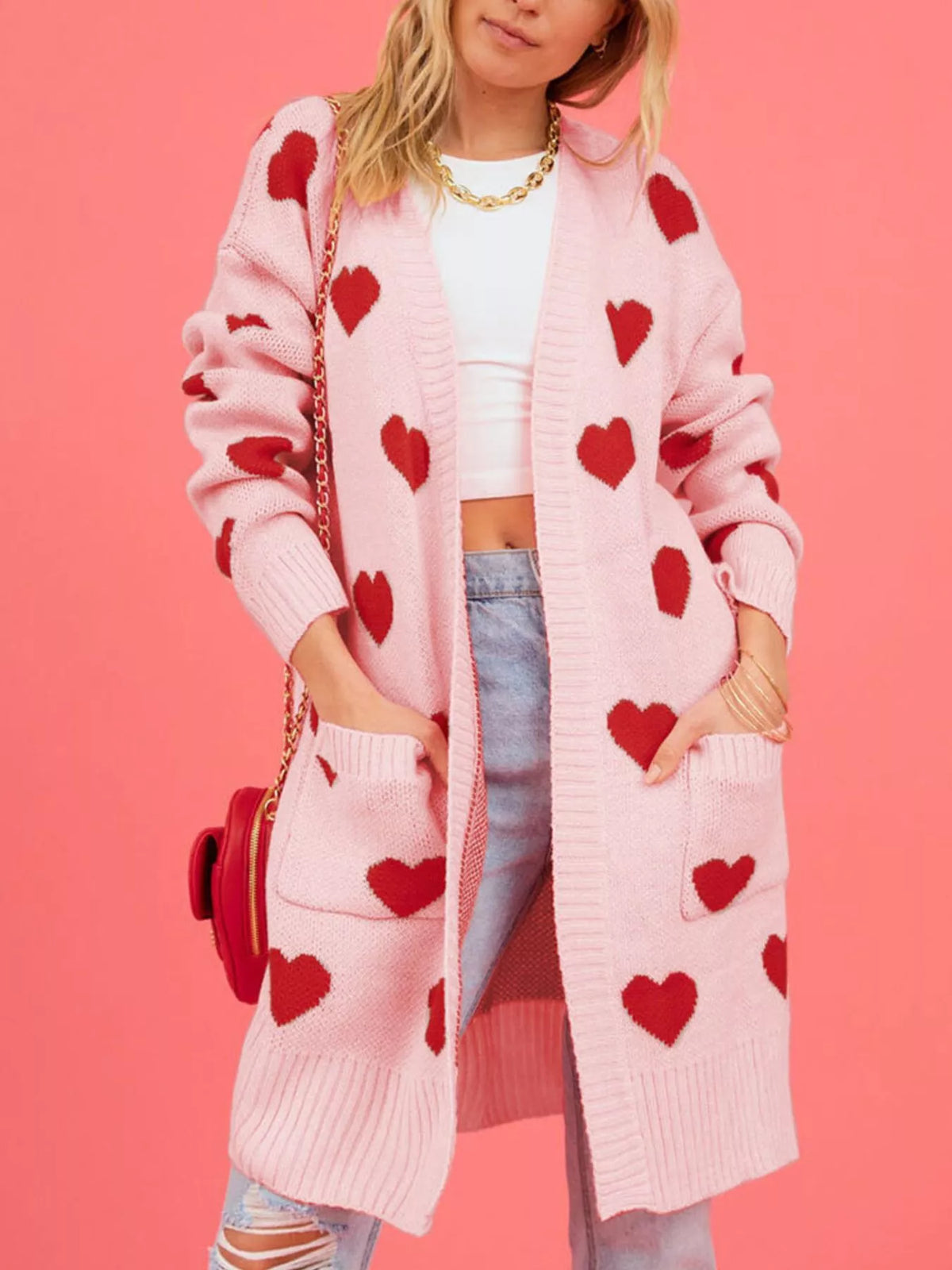 Heart Pattern Open Front Longline Cardigan
