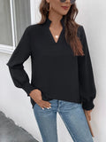 Smocked Notched Neck Long Sleeve Blouse with Bishop Sleeves