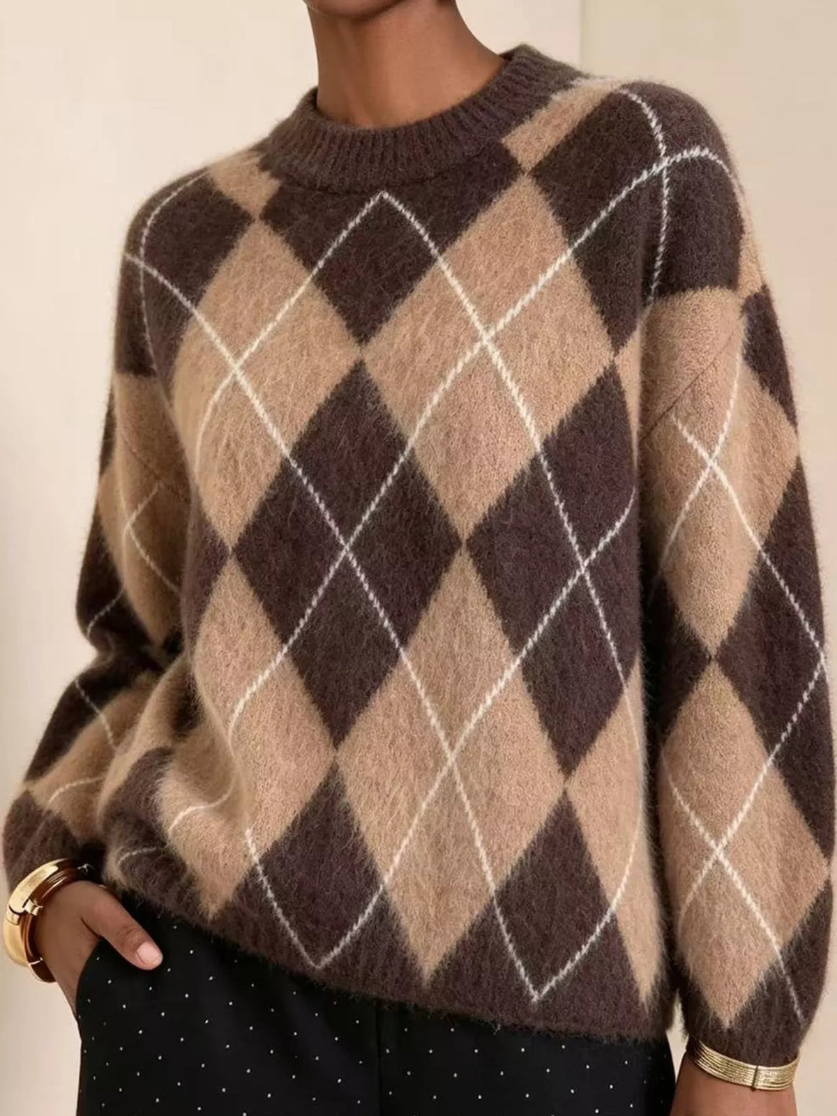 Argyle Pattern Fuzzy Knit Sweater