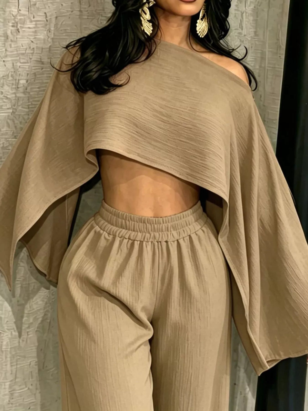 Boat Neck Crop Top and Wide-Leg Pants Set