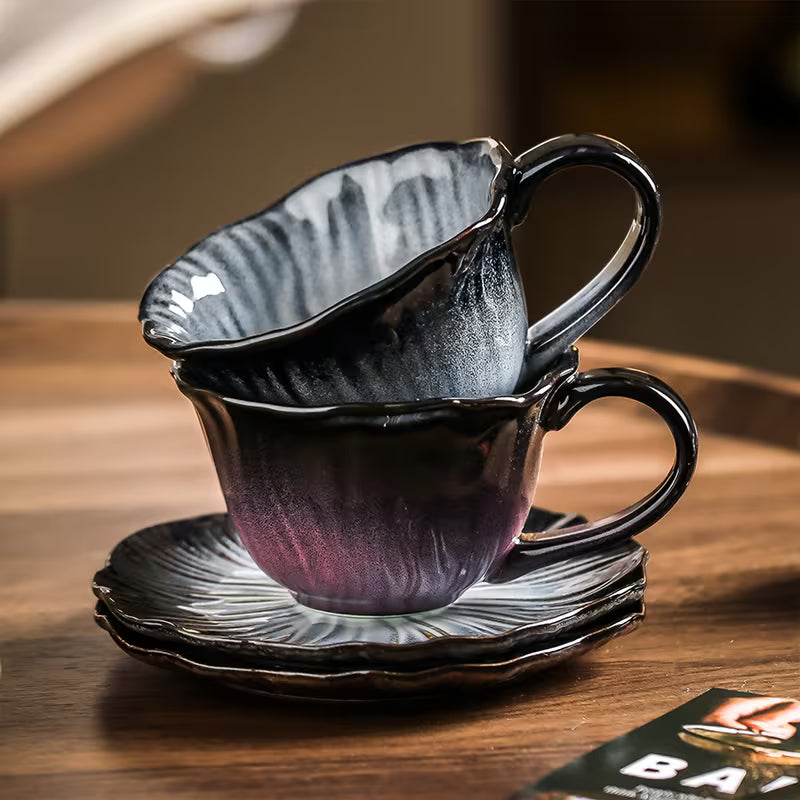 10 oz Embossed Floral Ceramic Coffee Mug with Saucer