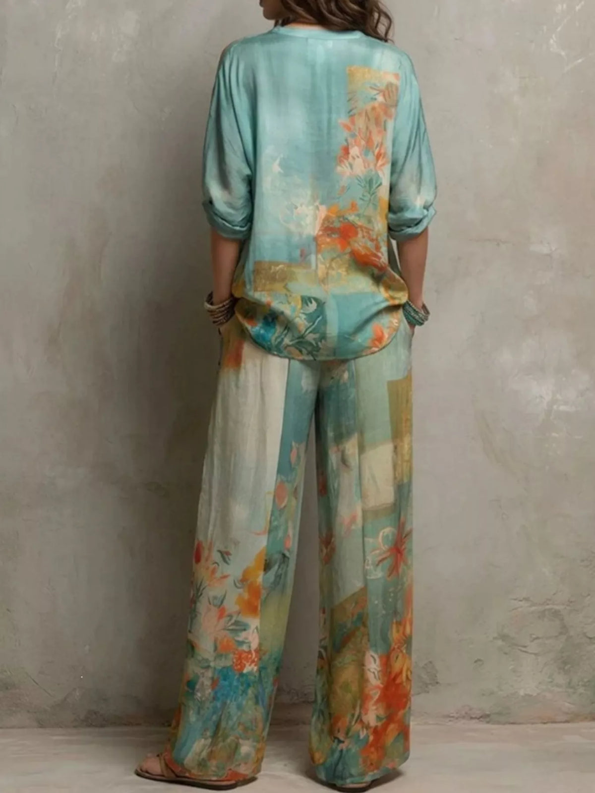 Full Size Floral Print Blouse and Wide-Leg Pants Set Plus Size