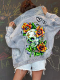 Full Size Skull Graphic Button Up Denim Jacket Plus Size
