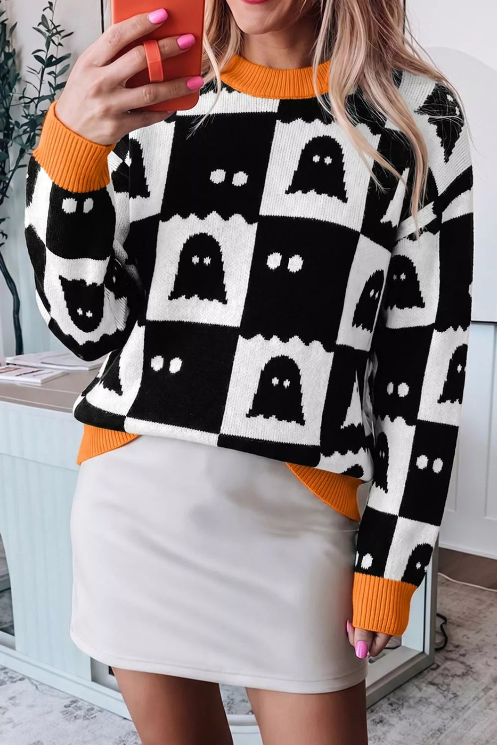 Halloween Ghost Pattern Checkerboard Sweater