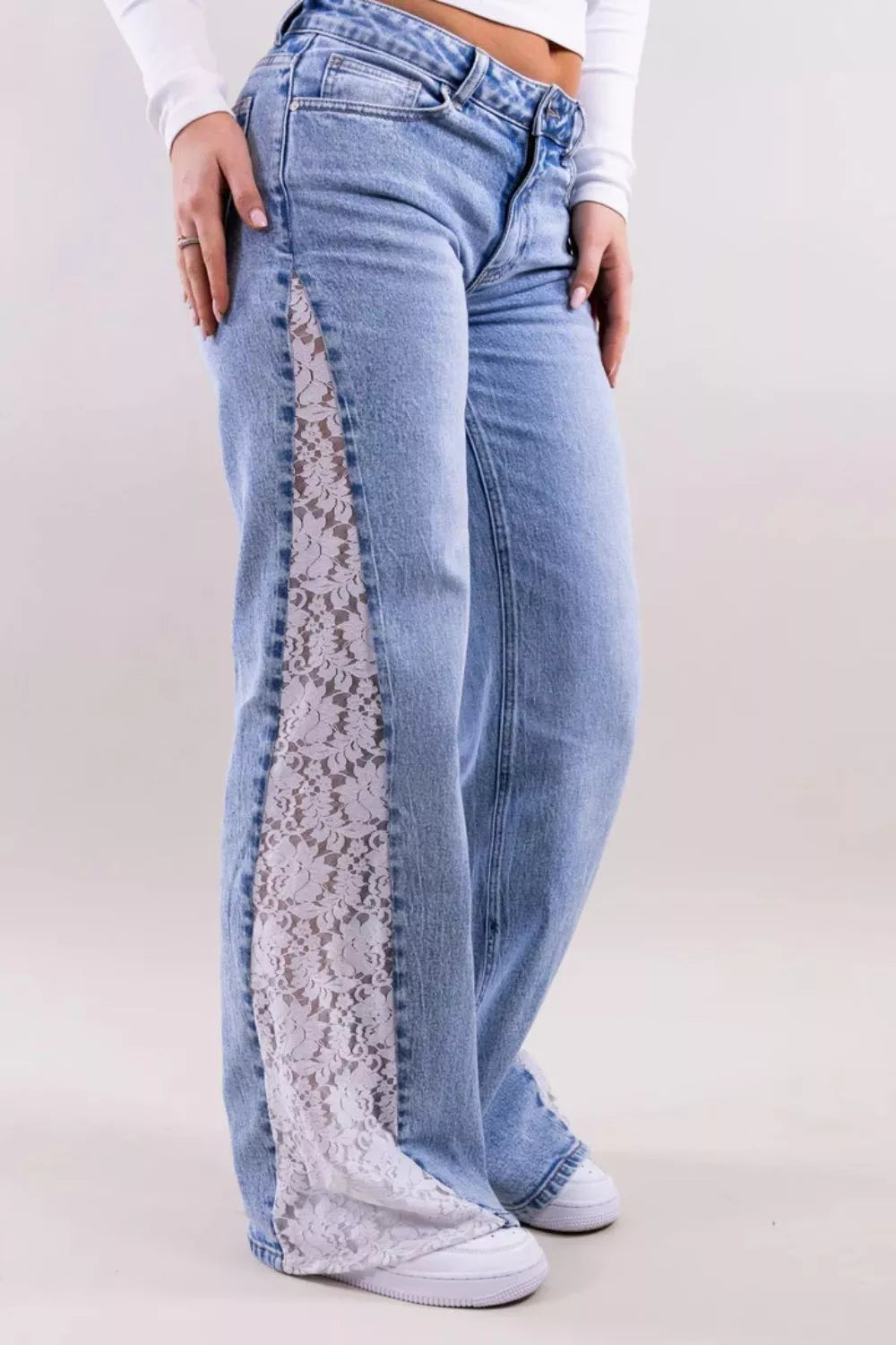 Lace-Paneled Wide-Leg Jeans