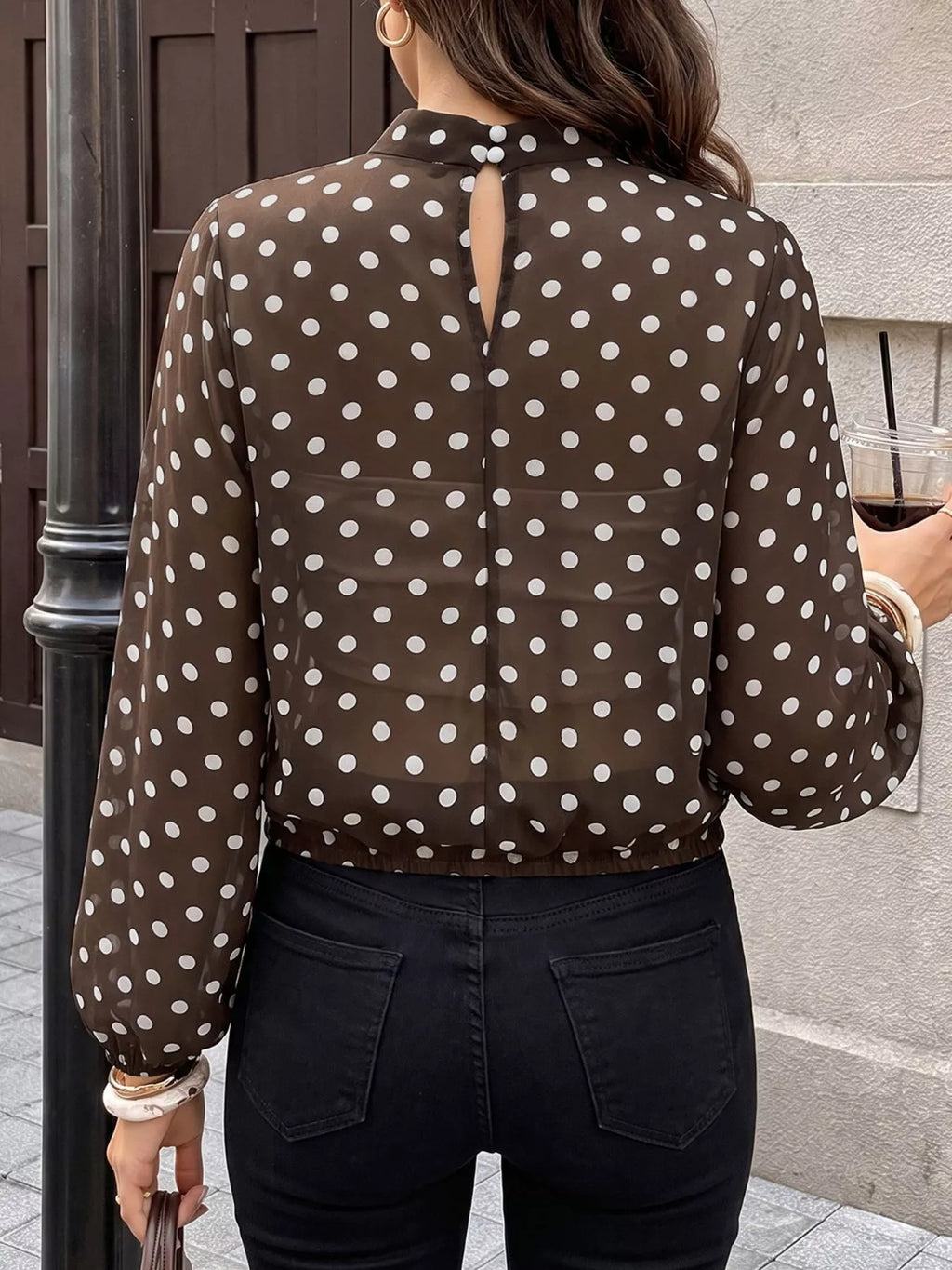 Polka Dot Mock Neck Long Sleeve Blouse
