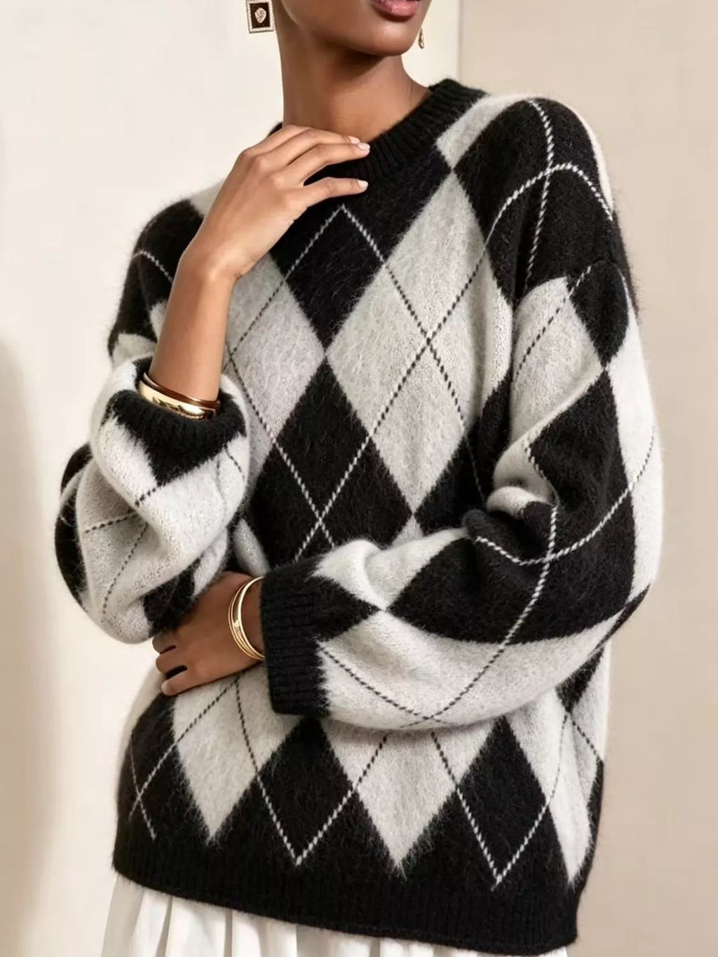 Argyle Pattern Fuzzy Knit Sweater