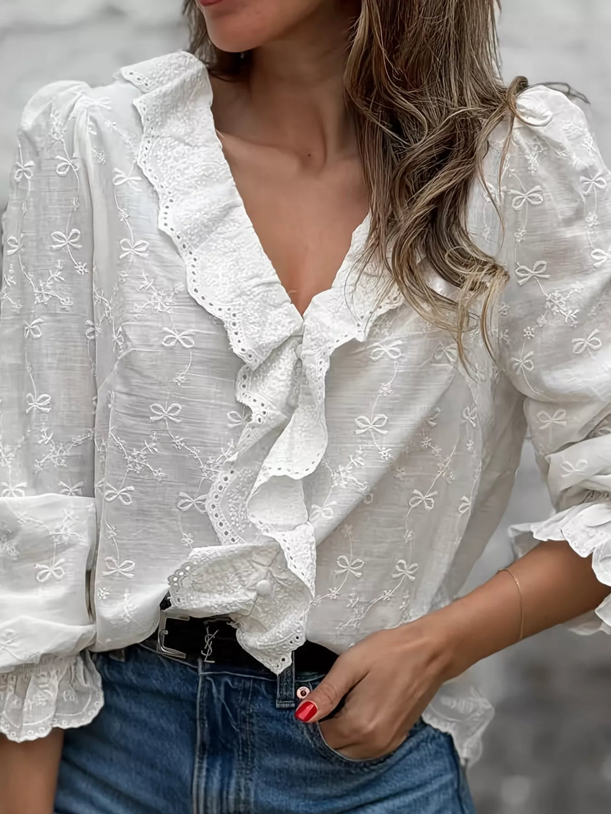 Bow Embroidered Ruffled V-Neck Blouse