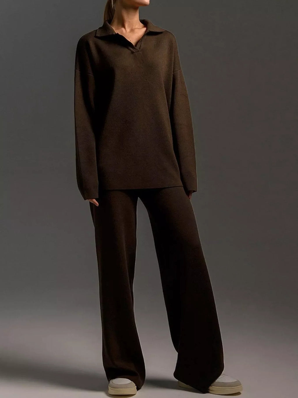 Polo Collar Top and Wide-Leg Pants Set