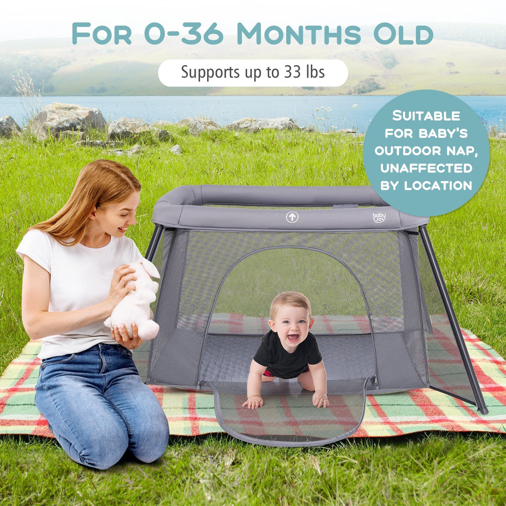 2-in-1 Portable Baby Playpen with Safety Enclosure and Padded Mattress-Dark Gray