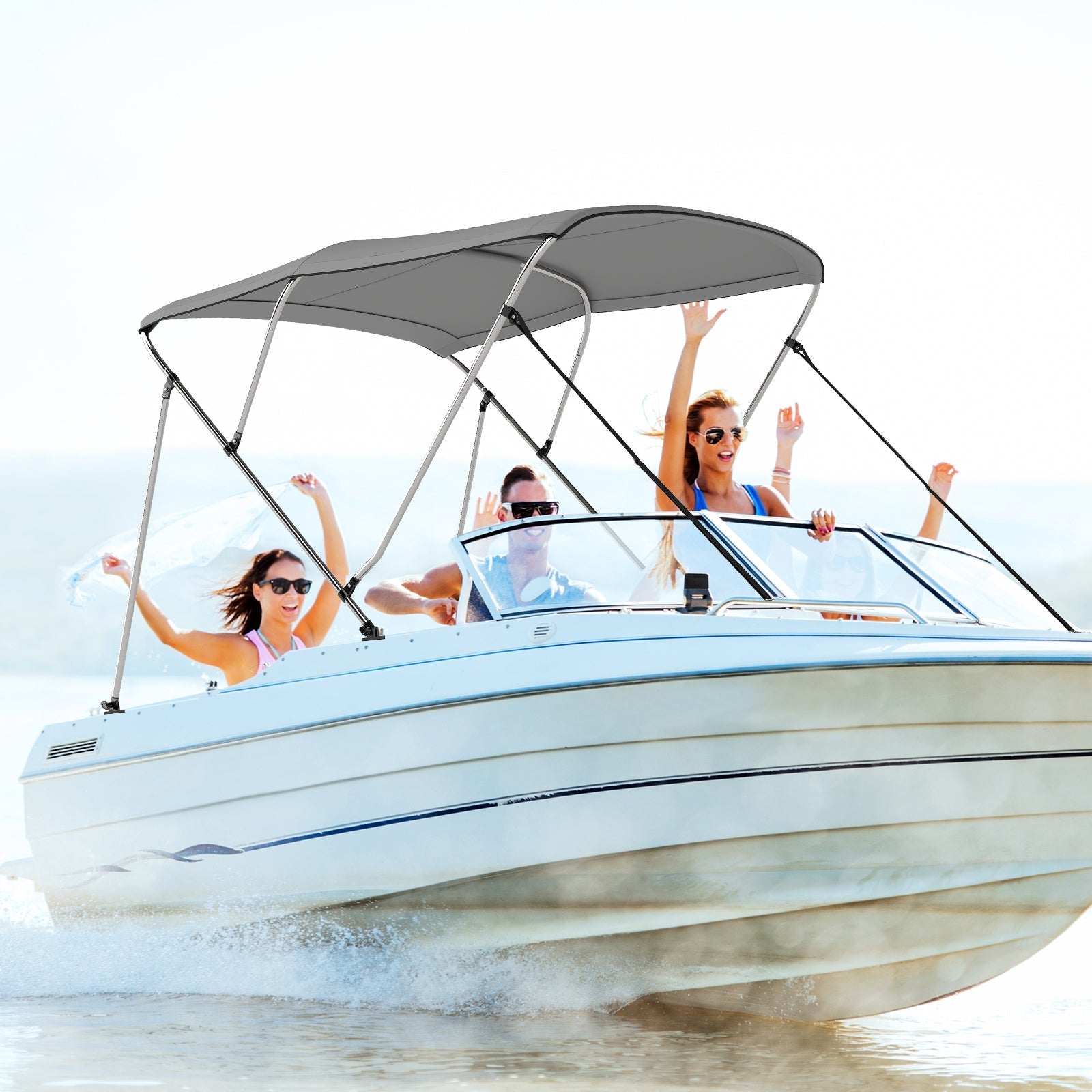 3-Bow Boat Bimini Top with Storage Boot - Gray