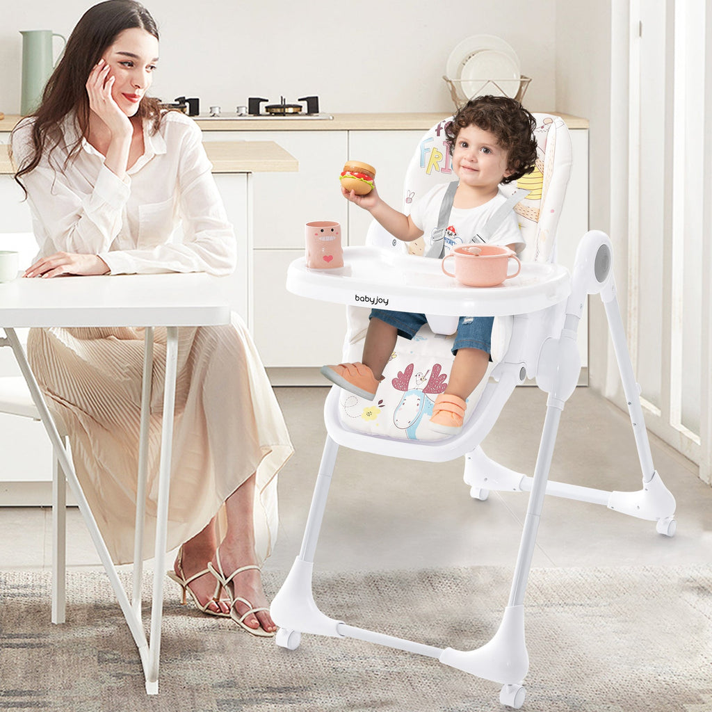 3-In-1 Convertible Highchair with Adjustable Height and 5-Point Safety Belt and Lockable Wheels