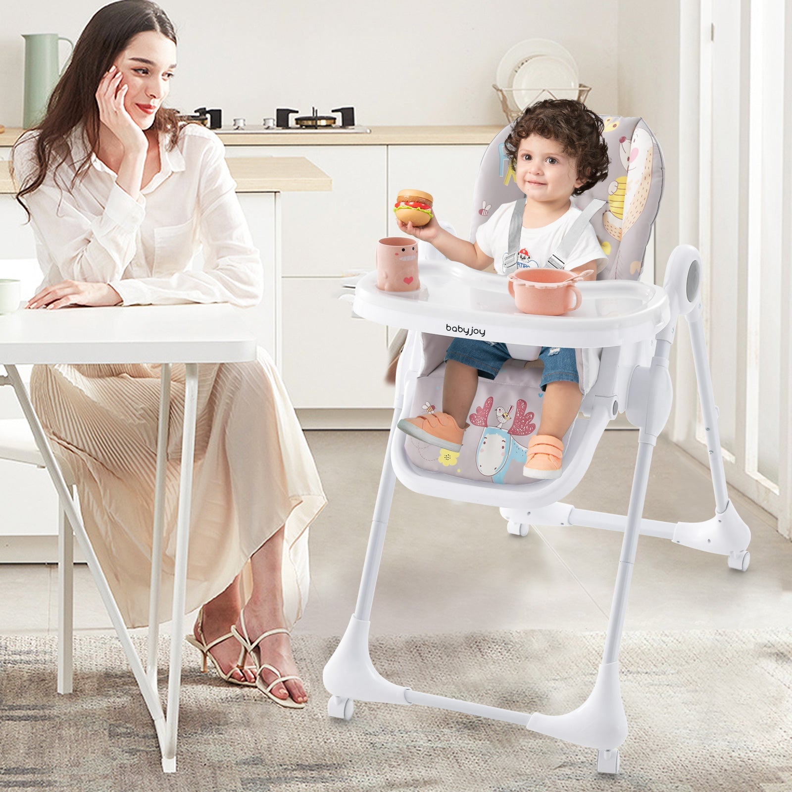 3-In-1 Convertible Highchair with Adjustable Height and 5-Point Safety Belt and Lockable Wheels