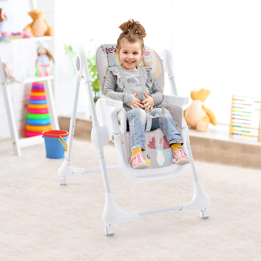 3-In-1 Convertible Highchair with Adjustable Height and 5-Point Safety Belt and Lockable Wheels