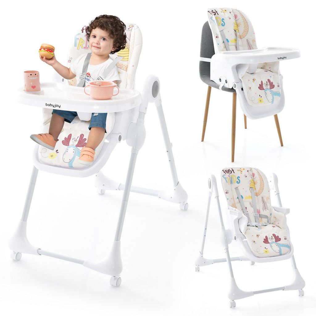 3-In-1 Convertible Highchair with Adjustable Height and 5-Point Safety Belt and Lockable Wheels