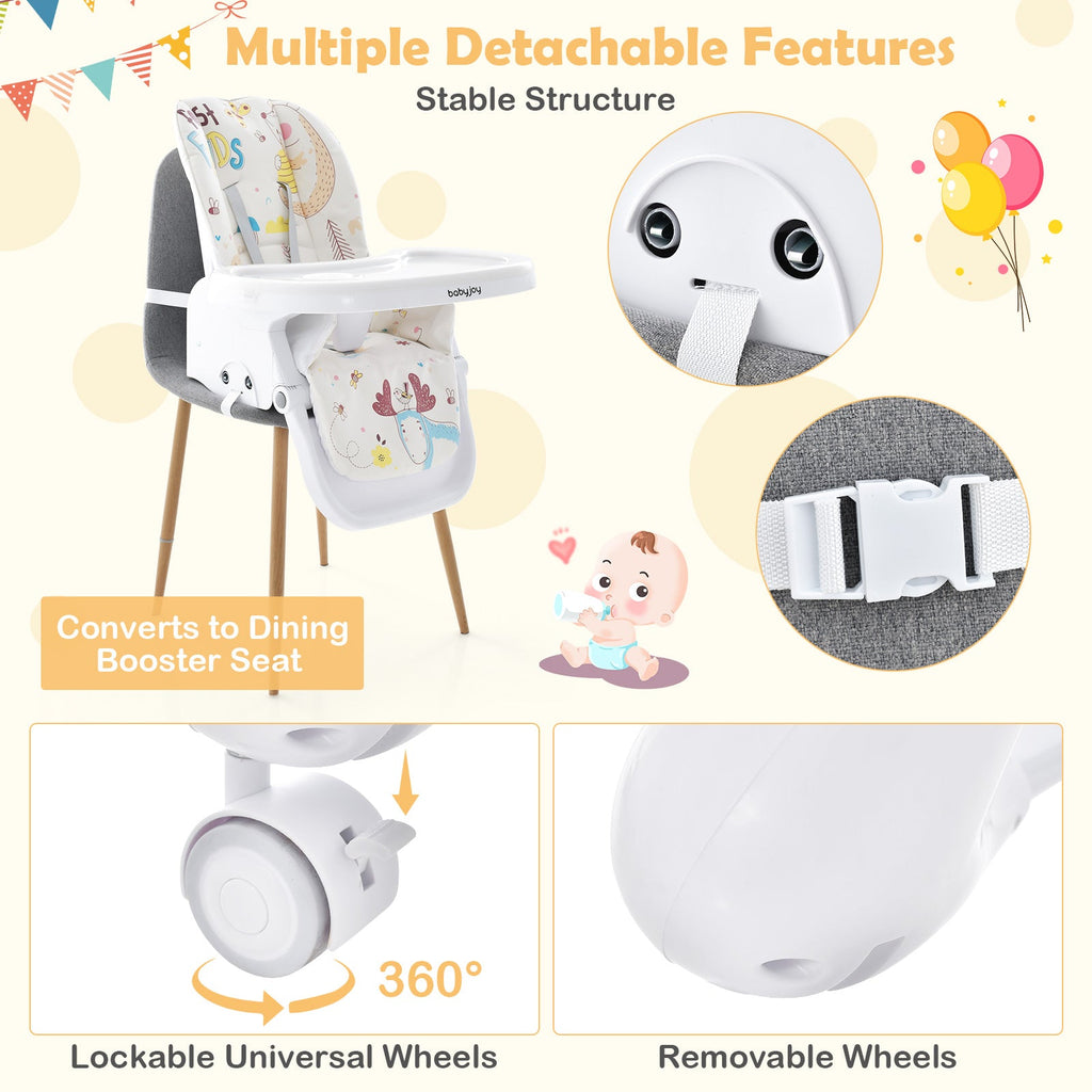 3-In-1 Convertible Highchair with Adjustable Height and 5-Point Safety Belt and Lockable Wheels