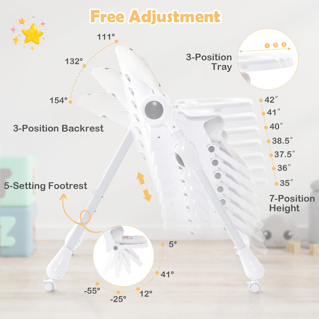 3-In-1 Convertible Highchair with Adjustable Height and 5-Point Safety Belt and Lockable Wheels