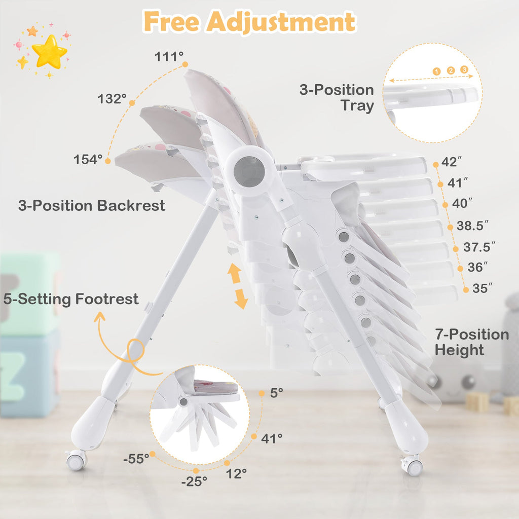 3-In-1 Convertible Highchair with Adjustable Height and 5-Point Safety Belt and Lockable Wheels