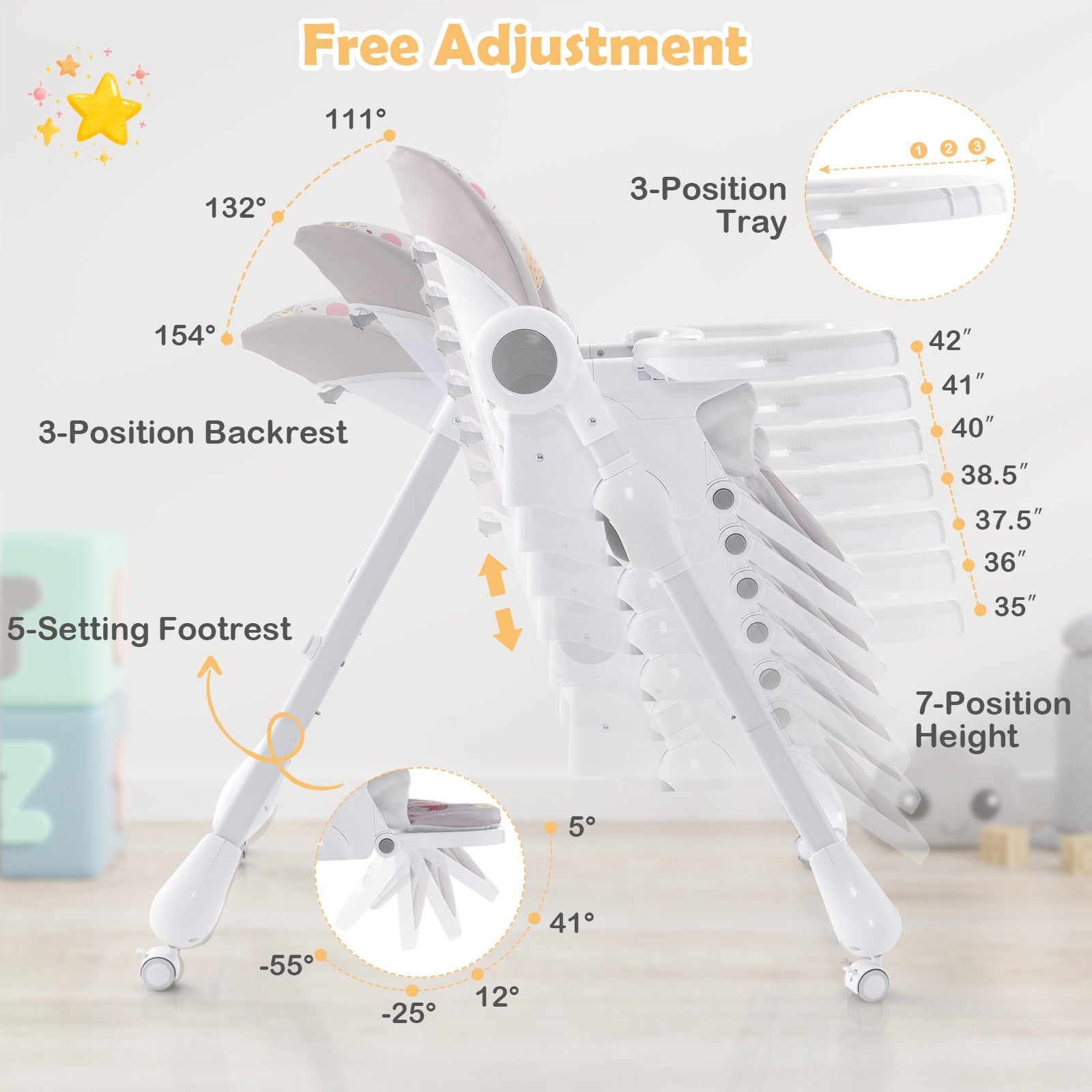 3-In-1 Convertible Highchair with Adjustable Height and 5-Point Safety Belt and Lockable Wheels