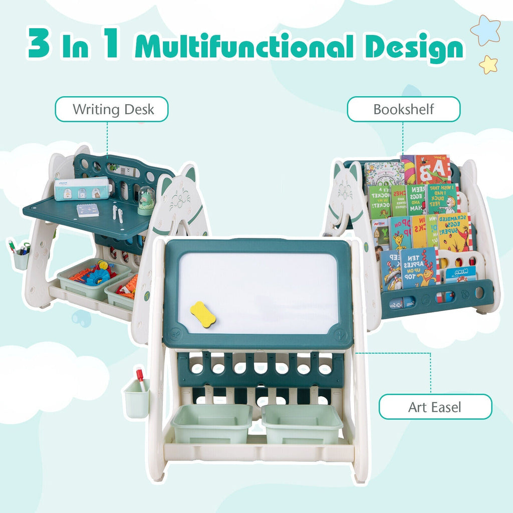 3-In-1 Double Sided Magnetic Dry-Erase Board with Stool and Flipped Writing Desktop
