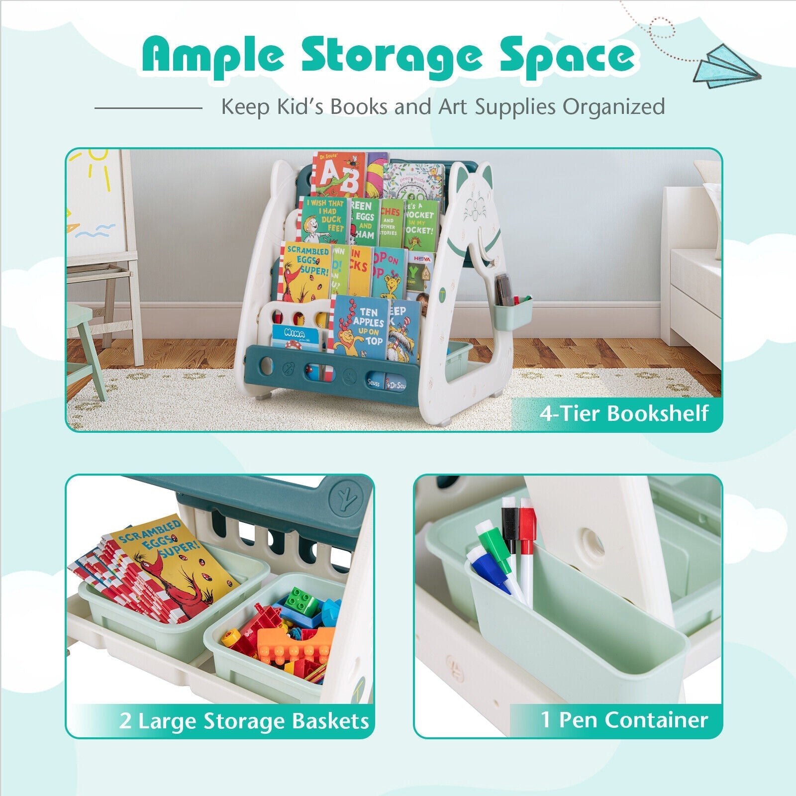 3-In-1 Double Sided Magnetic Dry-Erase Board with Stool and Flipped Writing Desktop