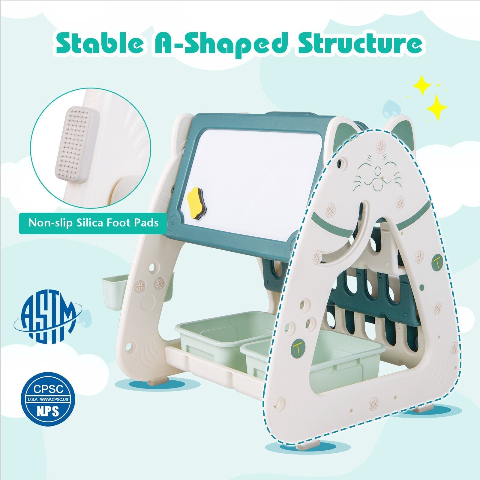 3-In-1 Double Sided Magnetic Dry-Erase Board with Stool and Flipped Writing Desktop