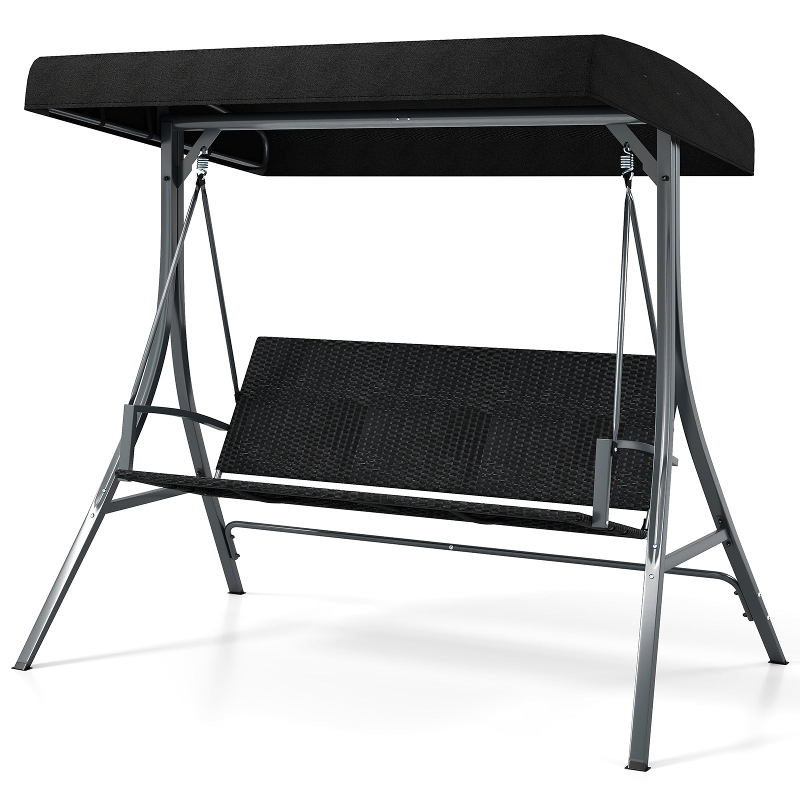 3-Person Porch Swing with Stand Outdoor Canopy Swing with Rattan Seat Back-Black
