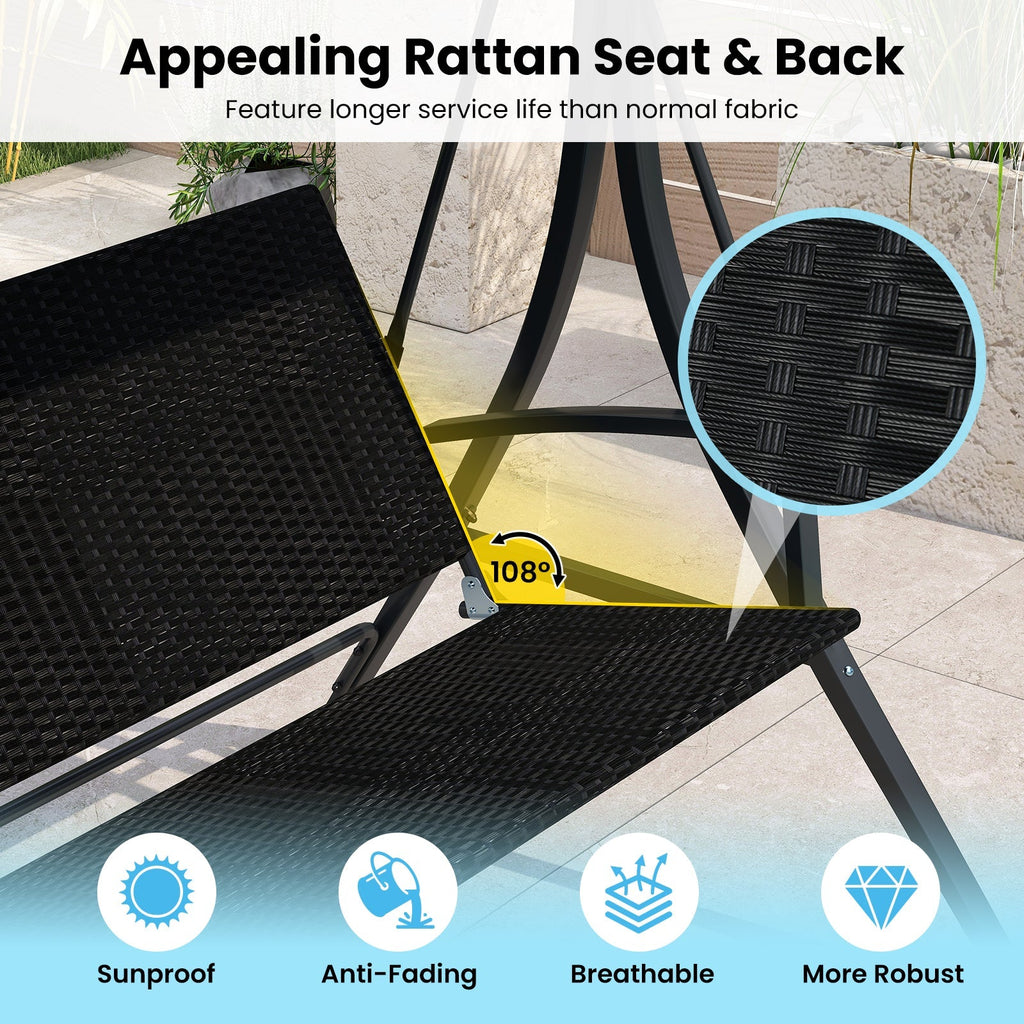 3-Person Porch Swing with Stand Outdoor Canopy Swing with Rattan Seat Back-Black