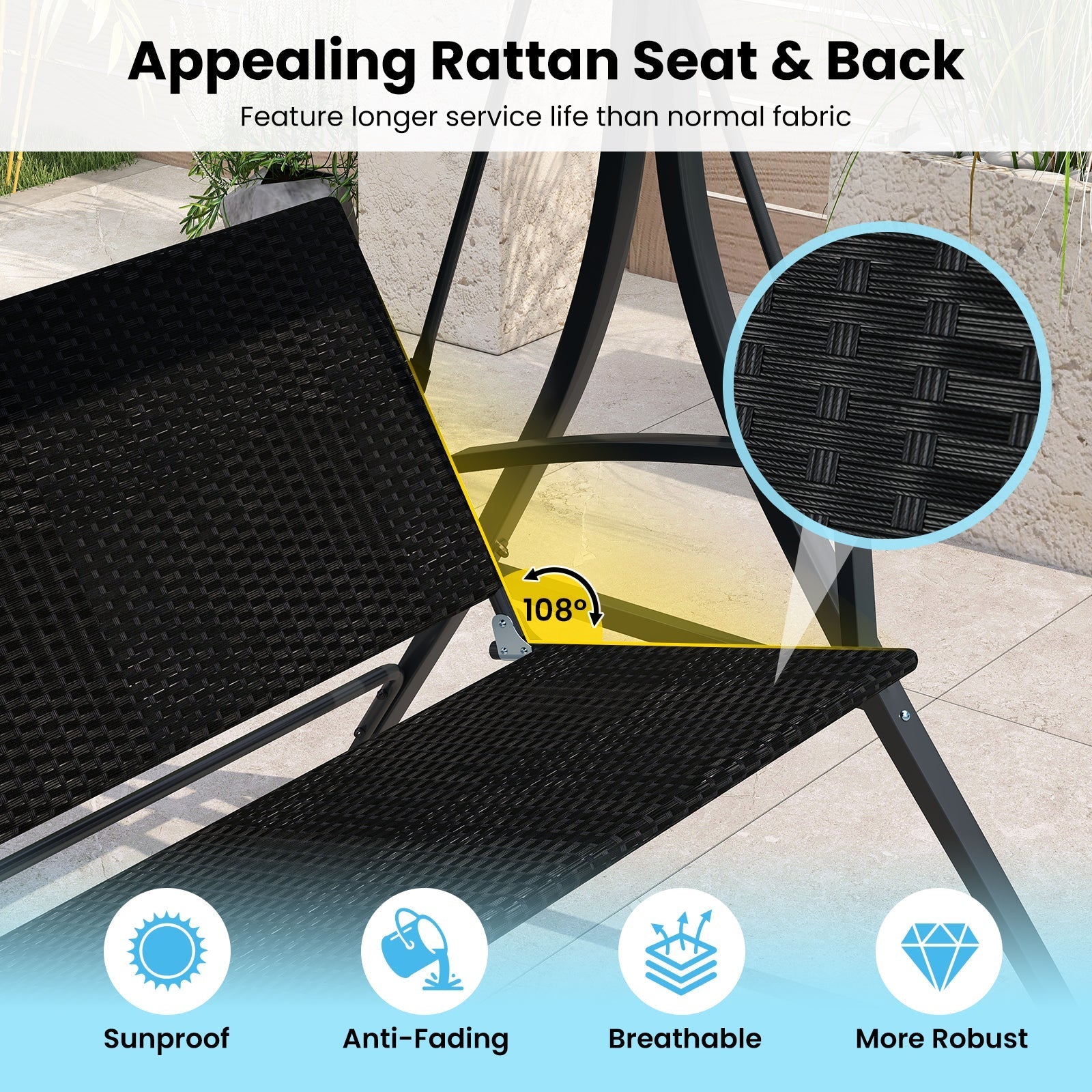 3-Person Porch Swing with Stand Outdoor Canopy Swing with Rattan Seat Back-Black