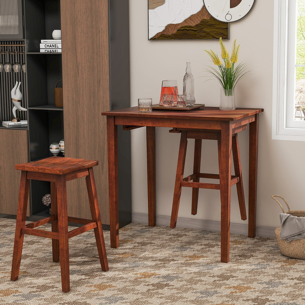 3-Piece Bar Table Set with Pub Table and 2 Saddle Stools