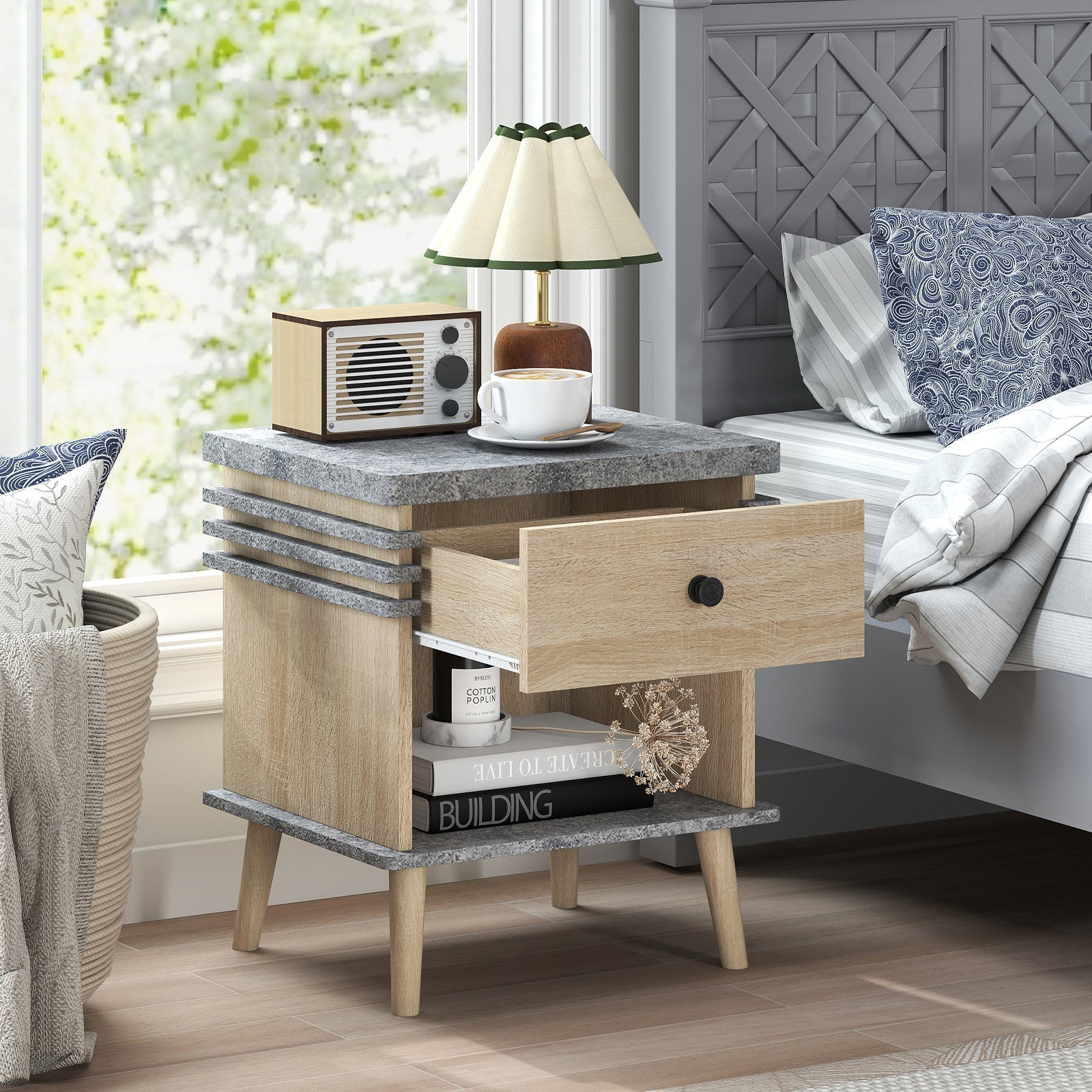 3-Tier Bedside Table Nightstand with Antique Grey Faux Marble Top-Grey