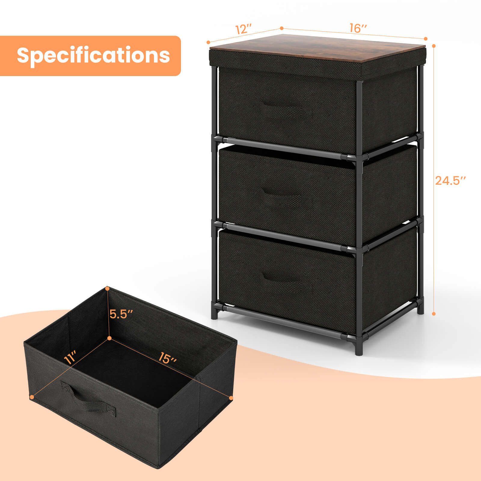 3-Tier Fabric Nightstand with Sturdy Metal Frame
