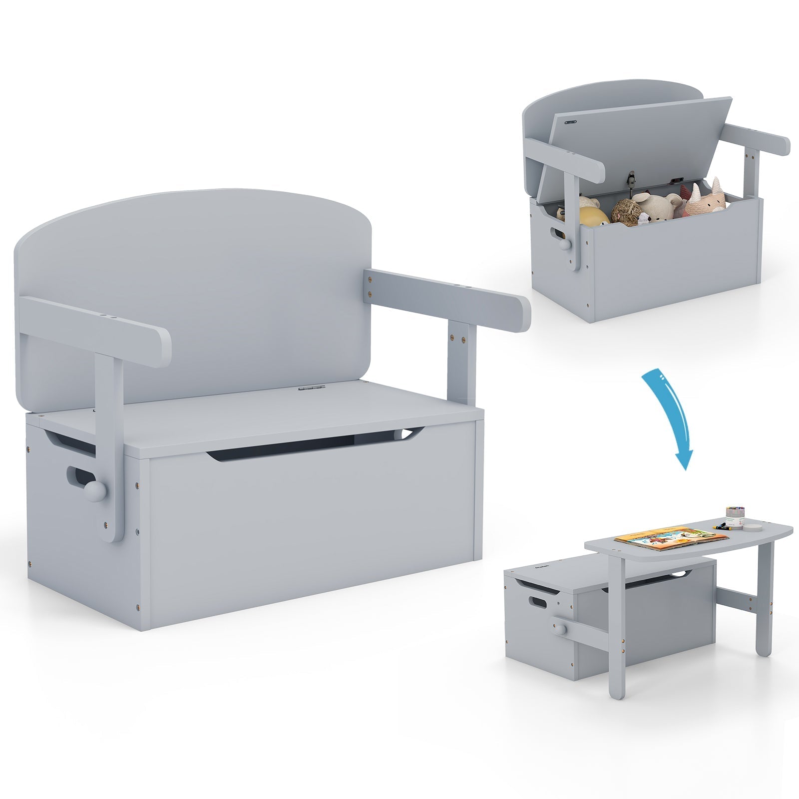 3-in-1 Kids Convertible Storage Bench Wood Activity Table and Chair Set