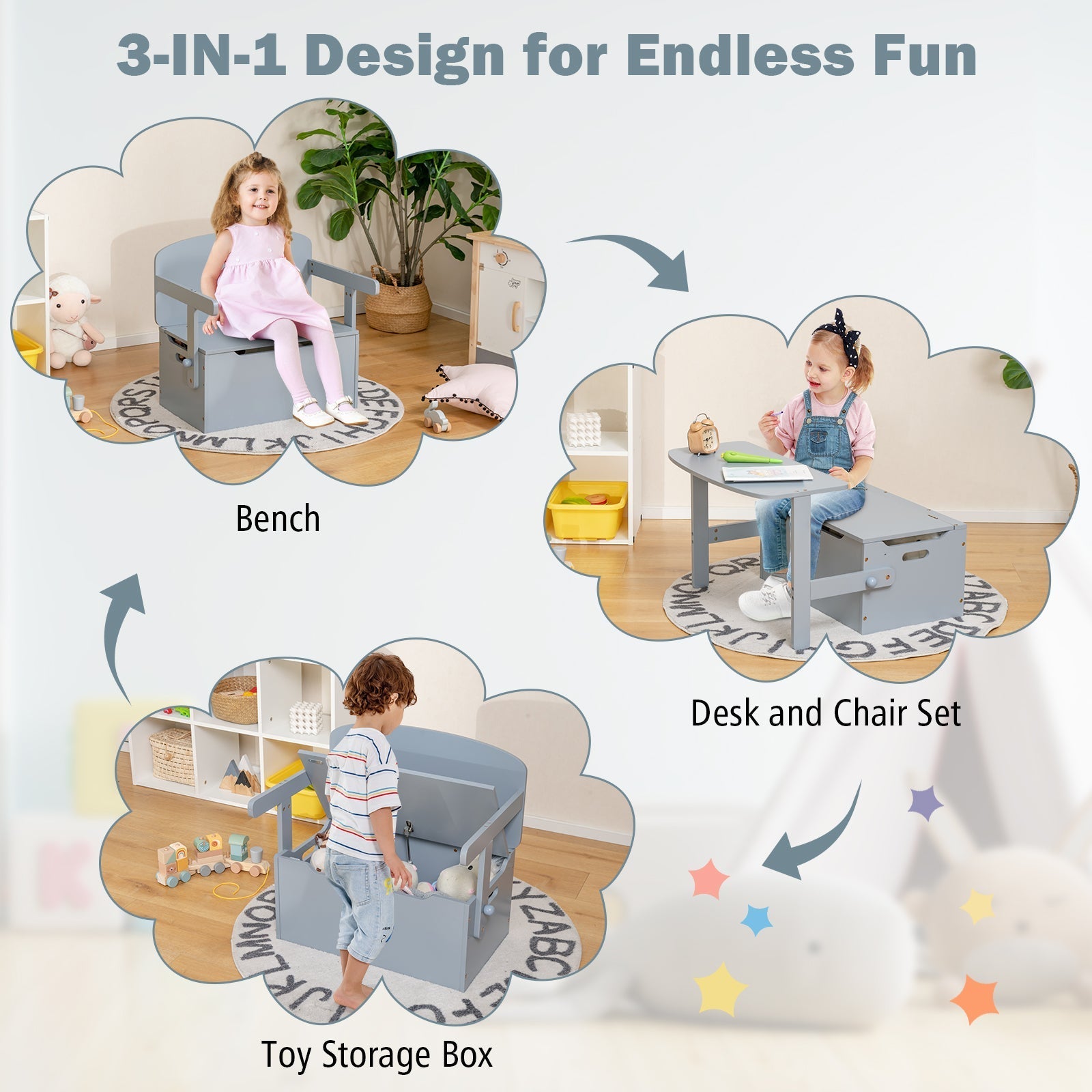 3-in-1 Kids Convertible Storage Bench Wood Activity Table and Chair Set