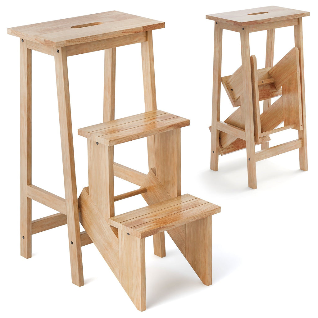 3-in-1 Rubber Wood 3 Tier Folding Step Stool Ladder Storage Shelf-Coffee