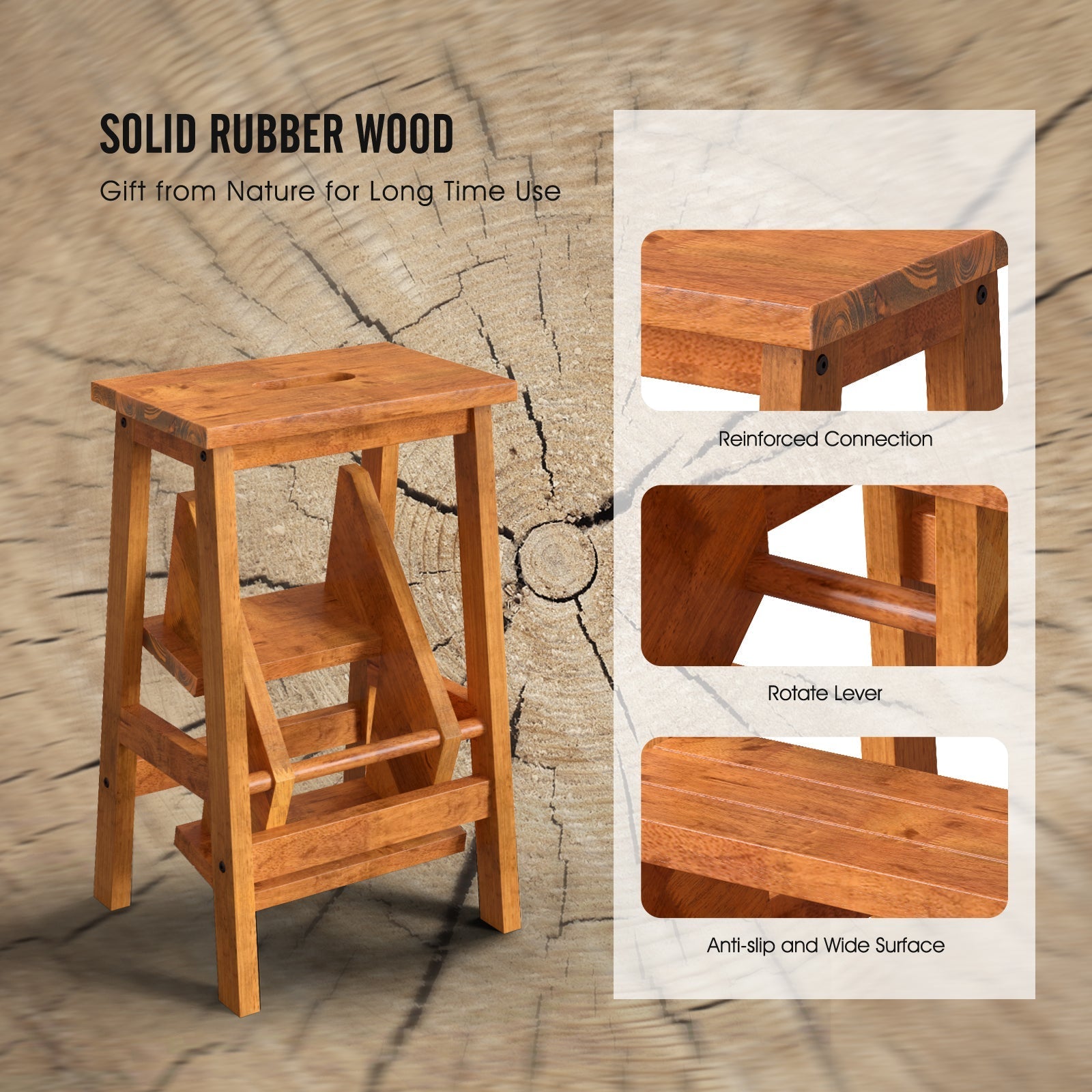 3-in-1 Rubber Wood Step Stool with Convenient Handle