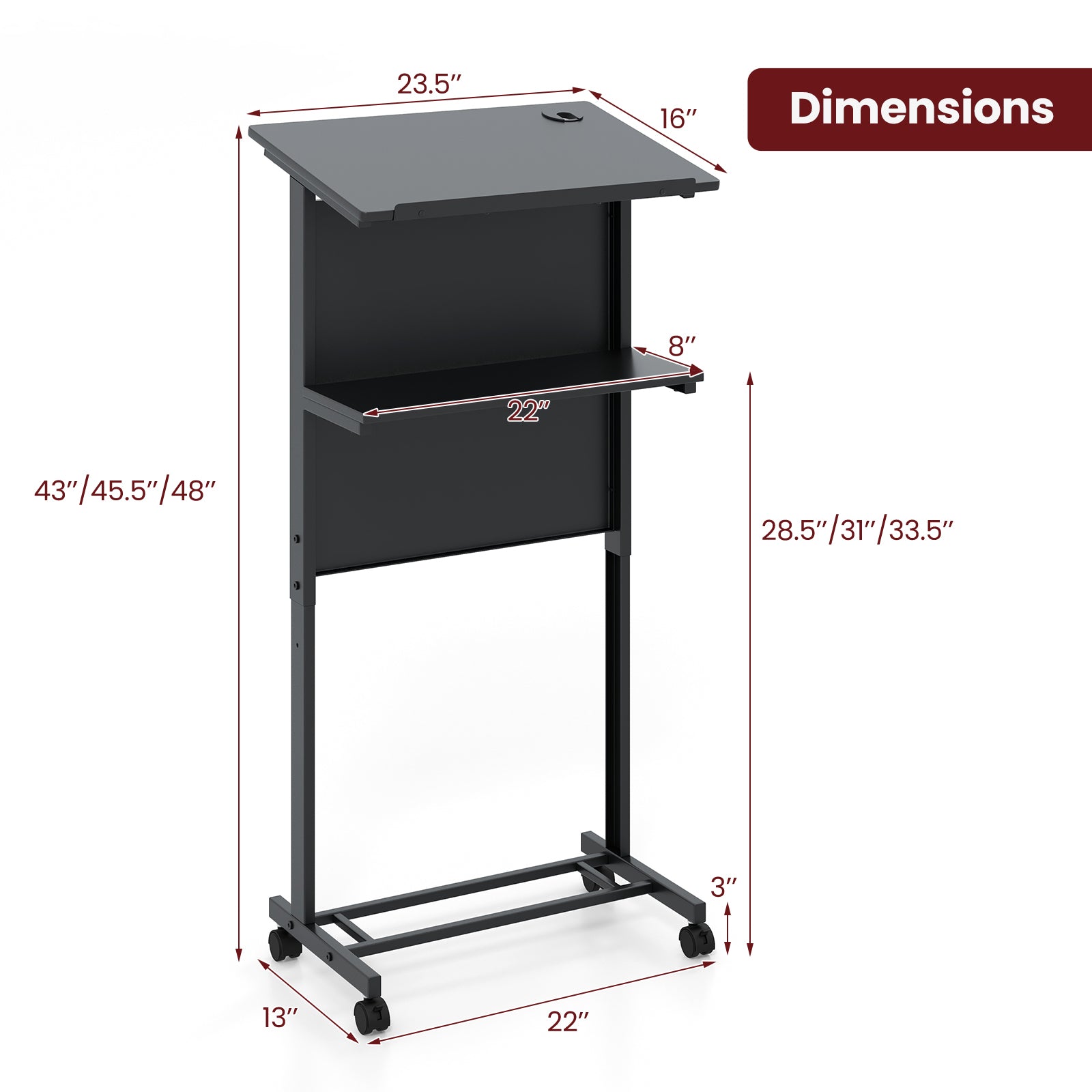 3-Position Height Adjustable Lectern Table with Tilted Tabletop-Black