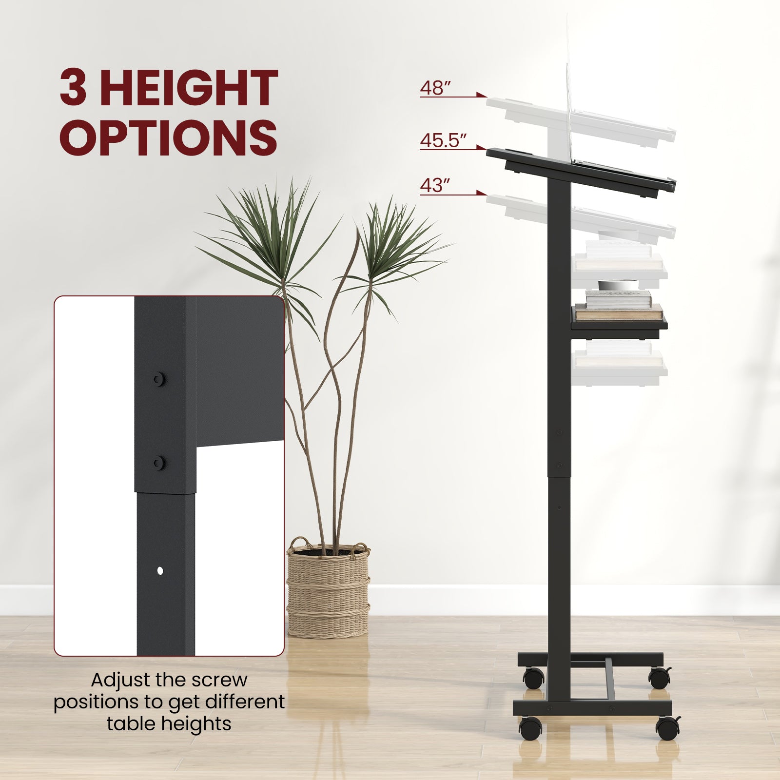 3-Position Height Adjustable Lectern Table with Tilted Tabletop-Black