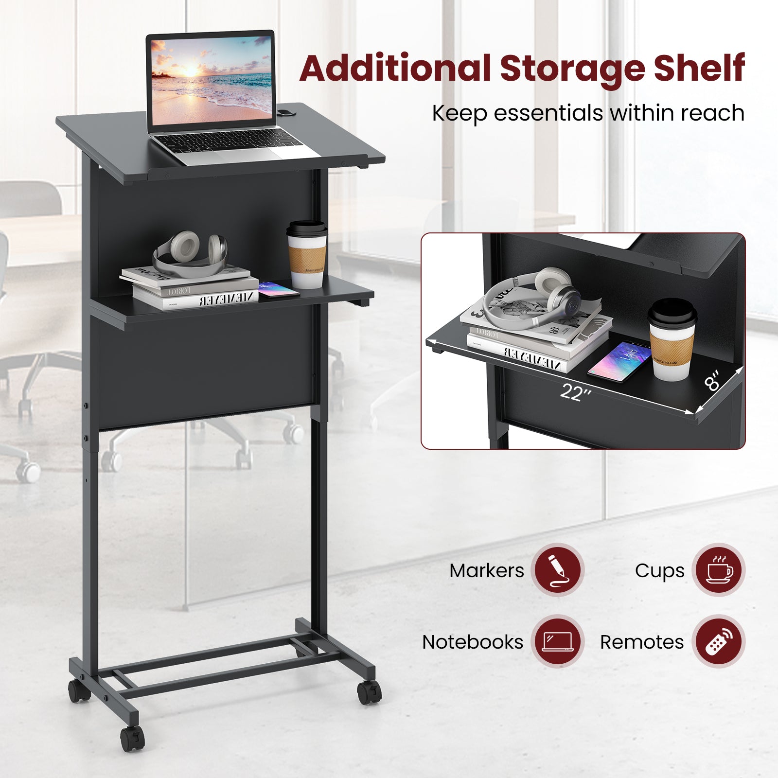 3-Position Height Adjustable Lectern Table with Tilted Tabletop-Black