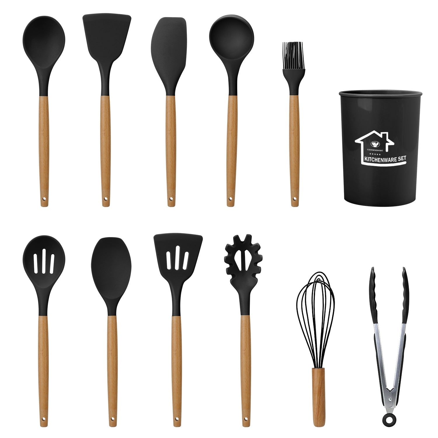 Silicone Kitchen Utensil Set: Heat-Resistant Wooden Handles