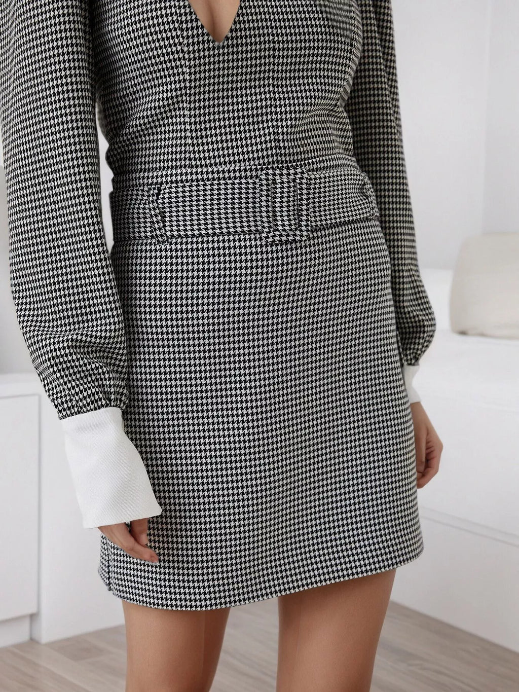 Contrast Collar Houndstooth Mini Dress