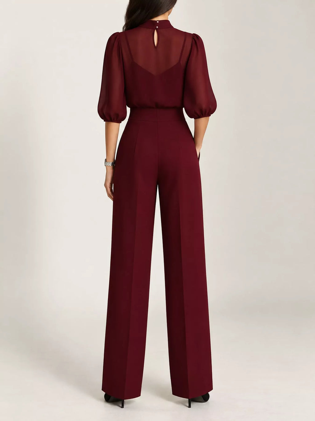 Mock Neck Puff Sleeve Top and Wide Leg Pants Set