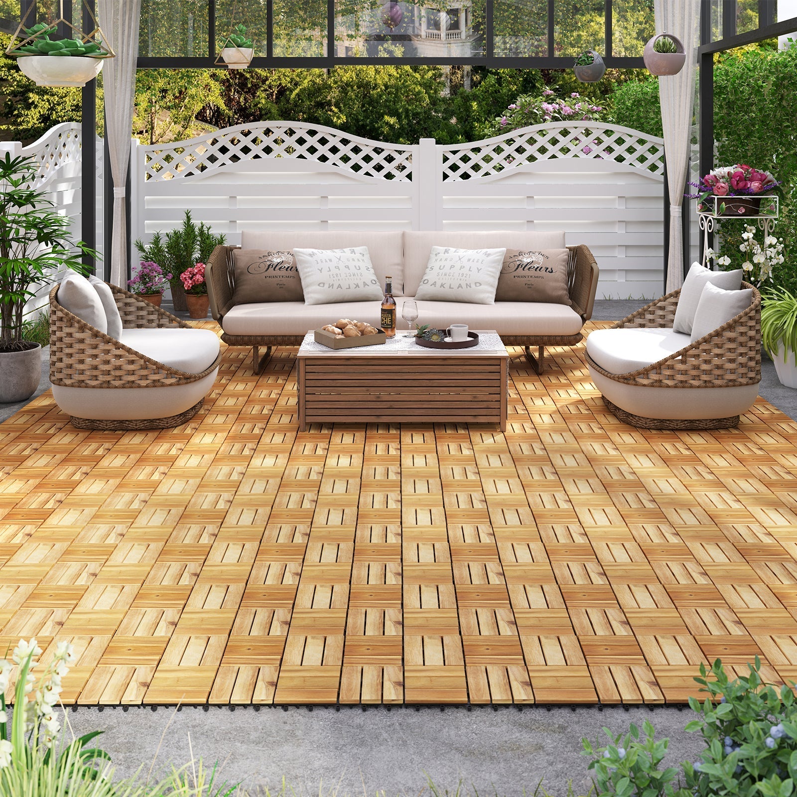 Pack of 30 Acacia Wood Interlocking Deck Tiles-Brown