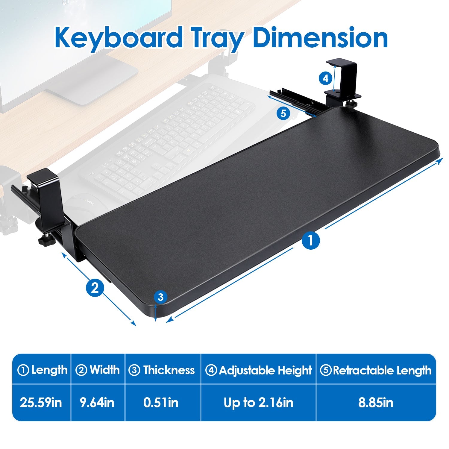 25.59x9.64x0.51in Keyboard Mouse Tray Under Desk Retractable Slide Out Drawer Height Adjustable with C Clamp 55LBS Load